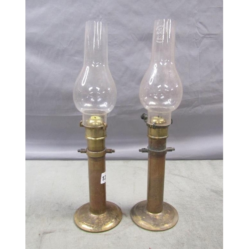 1243 - PAIR OF BRASS SHIPS LAMPS AND SHADES, TOTAL 41CM H