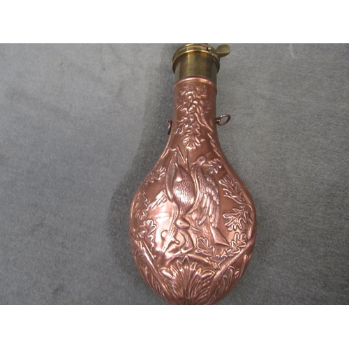 1246 - QTY OF POWDER FLASKS AND CARTRIDGES, COPPER FLASK 22CM L