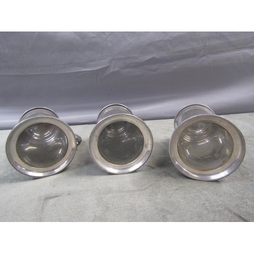 1250 - THREE PEWTER TANKARDS, 16CM H