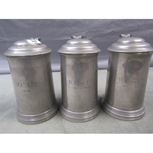 1250 - THREE PEWTER TANKARDS, 16CM H