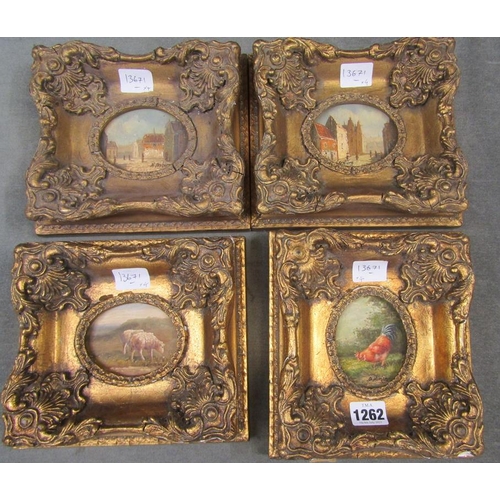 1262 - SERIES OF GILT FRAMED MINIATURES - FARM ANIMALS ETC, FRAMES 18CM W