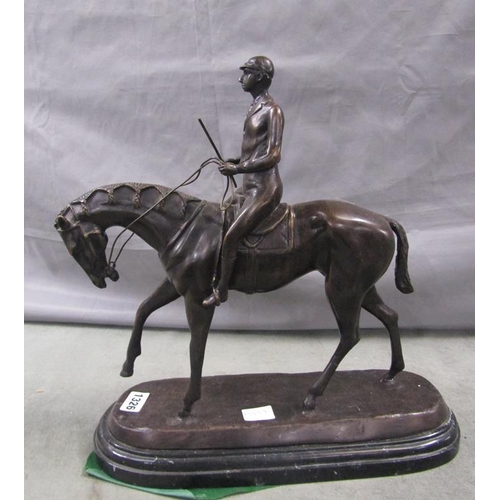 1326 - CAST BRONZED SCULPTURE - RIDER ON HORSEBACK, 41CM H