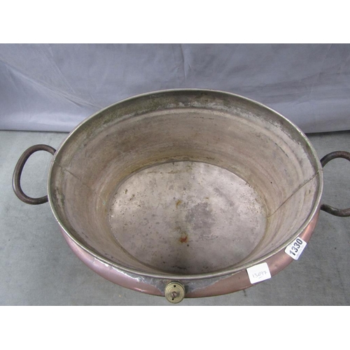 1330 - ANTIQUE COPPER TWO HANDLED PAN, 30CM H