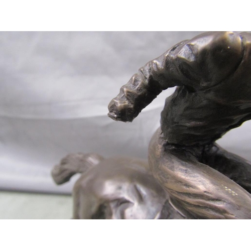 1346 - BRONZED FIGURE OF A JOCKEY ON RACE HORSE, 24CM H