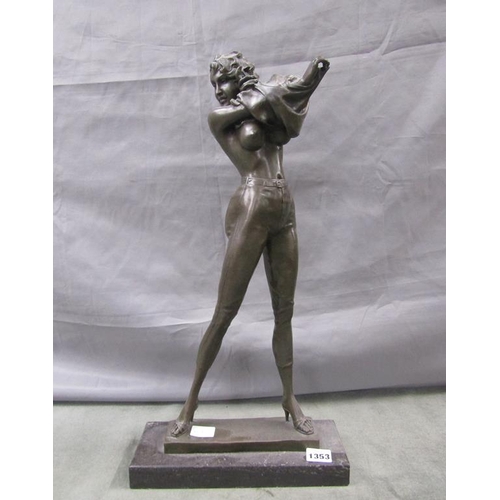 1353 - CAST BRONZE ART DECO FIGURE OF A SEMI NUDE FEMALE, 55CM H