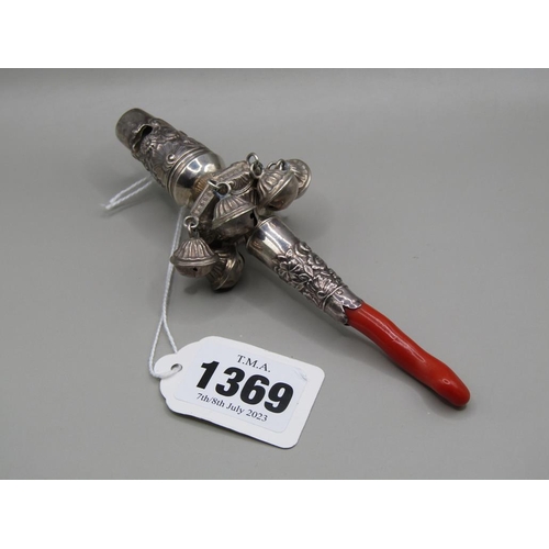 1369 - EARLY 19c SILVER CHILDS RATTLE WHISTLE WITH CORAL CHEW - 14cms L (2 BELLS MISSING)