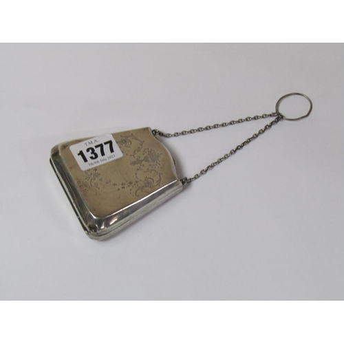 1377 - LATE VICTORIAN SILVER FITTED COIN PURSE WITH RING PULL AND CHAIN, THE PURSE IS 7cms W