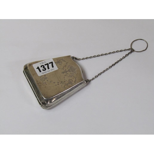 1377 - LATE VICTORIAN SILVER FITTED COIN PURSE WITH RING PULL AND CHAIN, THE PURSE IS 7cms W