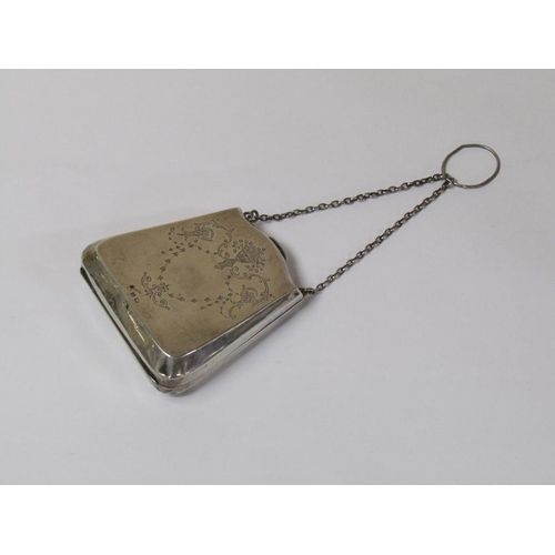 1377 - LATE VICTORIAN SILVER FITTED COIN PURSE WITH RING PULL AND CHAIN, THE PURSE IS 7cms W