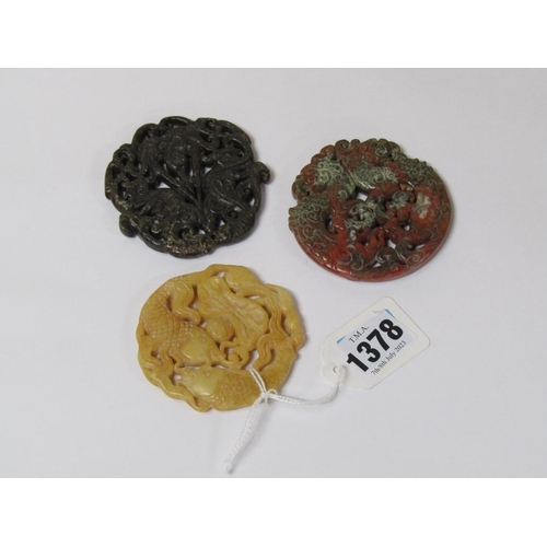 1378 - THREE ORIENTAL STONE PENDANTS, EACH APPX 7cms DIA