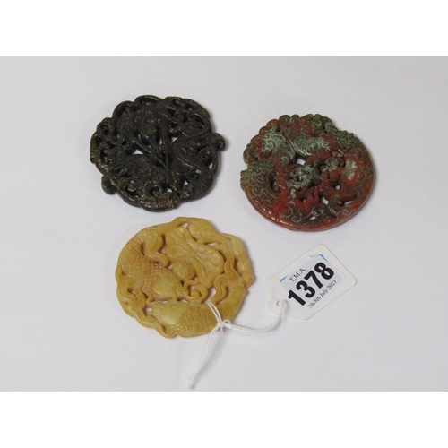 1378 - THREE ORIENTAL STONE PENDANTS, EACH APPX 7cms DIA