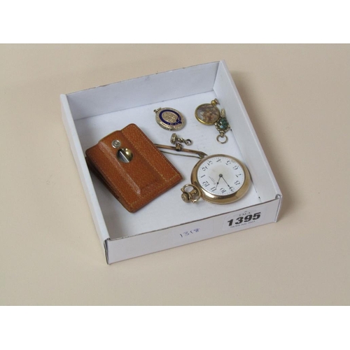 1395 - SMALL COLLECTION INC GILT METAL EXCELSIOR POCKET WATCH, CIGAR CUTTER, GILT AND ENAMEL PENDANT LOCKET... 