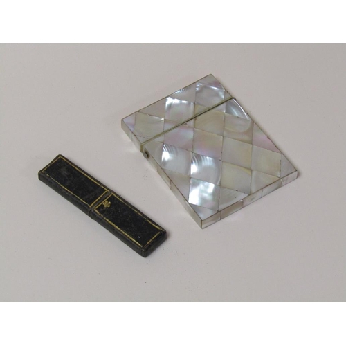 1398 - MOTHER OF PEARL CARD CASE TOGETHER WITH A PEARL HANDLED SILVER BLADE FRUIT KNIFE IN ORIGINAL POCKET ... 