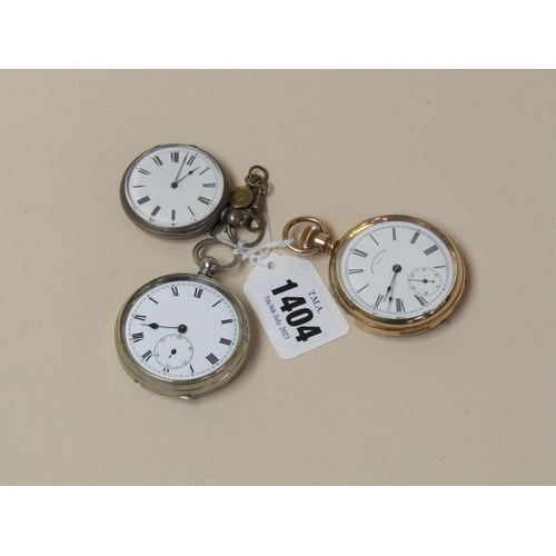 1404 - ONE WHITE METAL POCKET WATCH TOGETHER WITH ONE SILVER ENGRAVED POCKET WATCH AND AN AMERICAN WALTHAM ... 