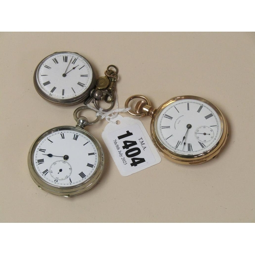 1404 - ONE WHITE METAL POCKET WATCH TOGETHER WITH ONE SILVER ENGRAVED POCKET WATCH AND AN AMERICAN WALTHAM ... 