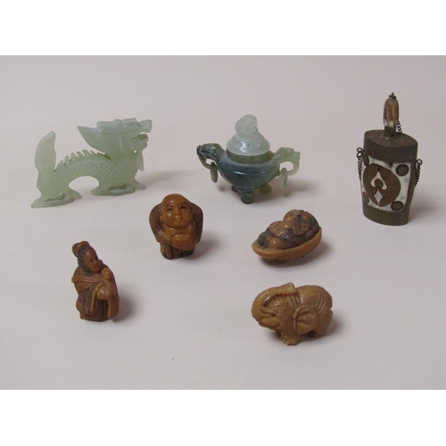 1410 - COLLECTION OF ORIENTAL OBJECTS TO INCL FOUR CARVED NUT NETSUKES; TWO GREEN STONE PIECES; SNUFF BOTTL... 