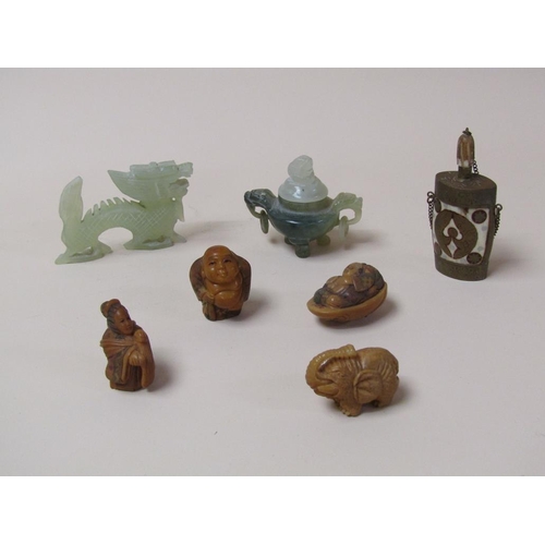 1410 - COLLECTION OF ORIENTAL OBJECTS TO INCL FOUR CARVED NUT NETSUKES; TWO GREEN STONE PIECES; SNUFF BOTTL... 