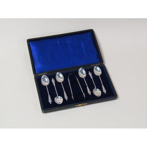 1425 - BOX OF SIX SILVER APOSTLE SPOONS; PAIR OF TONGS