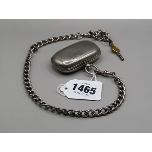 1465 - SILVER WATCH CHAIN WITH ATTACHED WHITE METAL SOVEREIGN AND HALF SOVEREIGN HOLDER