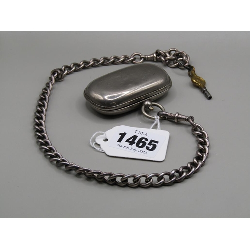 1465 - SILVER WATCH CHAIN WITH ATTACHED WHITE METAL SOVEREIGN AND HALF SOVEREIGN HOLDER