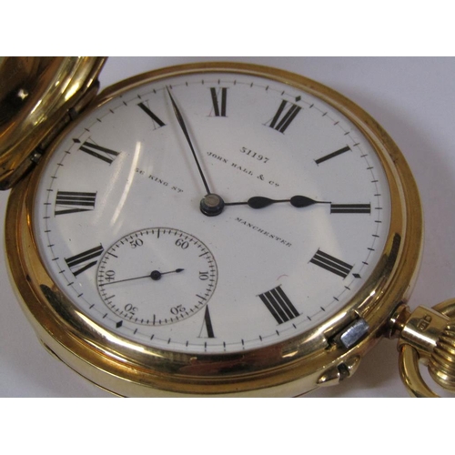 1469 - 18ct GOLD HALF HUNTER POCKET WATCH - JOHN HALL AND CO. MANCHESTER 106g TOTAL WEIGHT