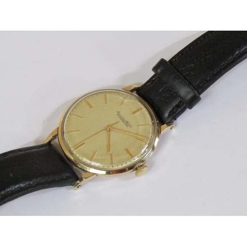 1475 - 9ct GOLD INTERNATIONAL WATCH CO GENTS WATCH WITH BLACK LEATHER STRAP