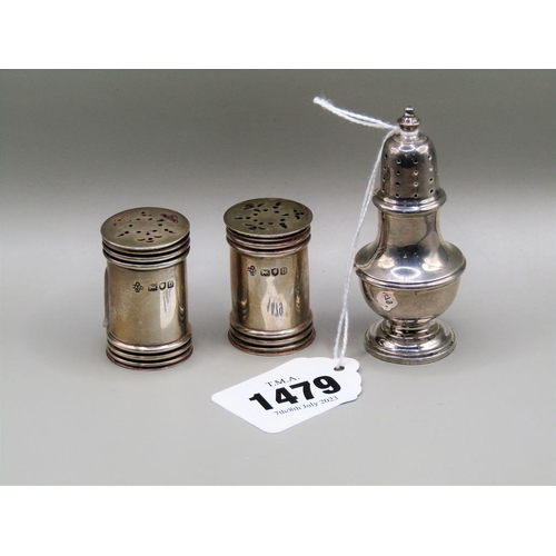 1479 - PAIR OF SILVER SALT AND PEPPER SHAKERS AND A SILVER SALT SHAKER