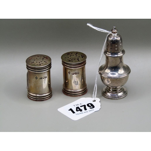 1479 - PAIR OF SILVER SALT AND PEPPER SHAKERS AND A SILVER SALT SHAKER