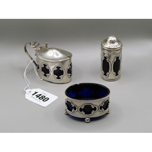 1480 - SILVER THREE PIECE GLASS LINED CRUET SET