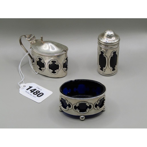 1480 - SILVER THREE PIECE GLASS LINED CRUET SET