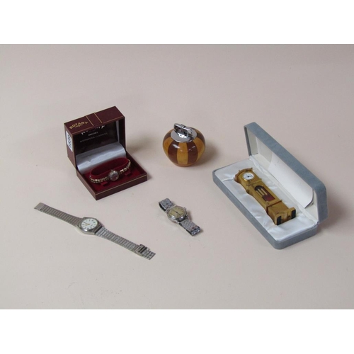 1539 - THREE GENTS WATCHES, TABLE LIGHTER AND A BRASS MINIATURE CLOCK