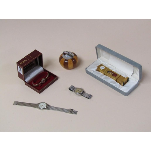 1539 - THREE GENTS WATCHES, TABLE LIGHTER AND A BRASS MINIATURE CLOCK