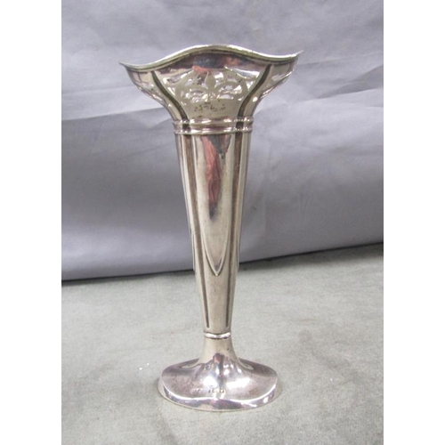 1580 - SILVER VASE WITH PIERCED UPPER RIM 17cms H