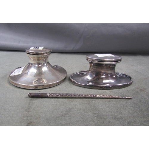 1586 - TWO SILVER INKWELLS WITH A DIP PEN