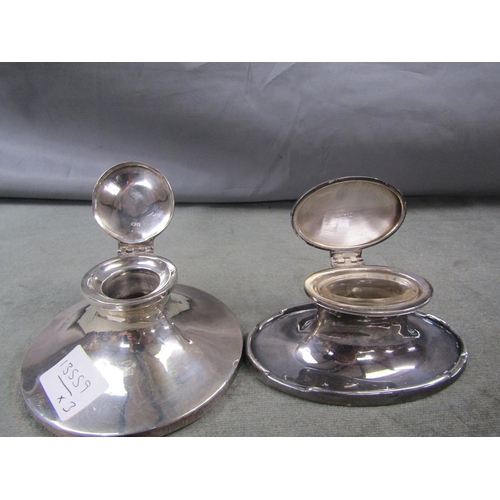 1586 - TWO SILVER INKWELLS WITH A DIP PEN