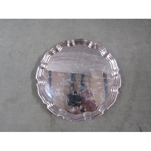 1607 - COMMEMORATIVE SILVER SALVER INSCRIBED WITH VARIOUS NAMES, 11.2ozt,