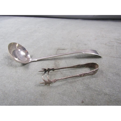 1620 - SILVER LADEL; PAIR OF SILVER PLATED TONGS