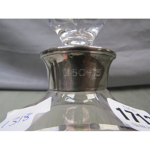 1713 - CRYSTAL DECANTER WITH SILVER COLLAR, 28CM H