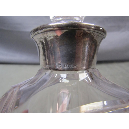 1713 - CRYSTAL DECANTER WITH SILVER COLLAR, 28CM H