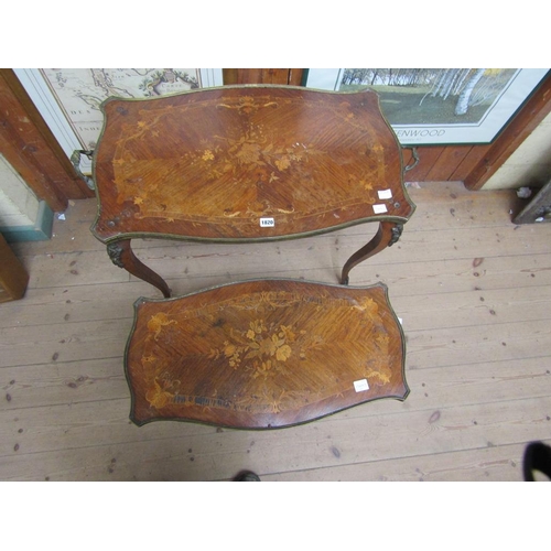 1820 - TWO 19c FRENCH MARQUETRY BRASS MOUNTED OCCASIONAL SERPENTINE TABLES, LARGEST 88 x 58cms