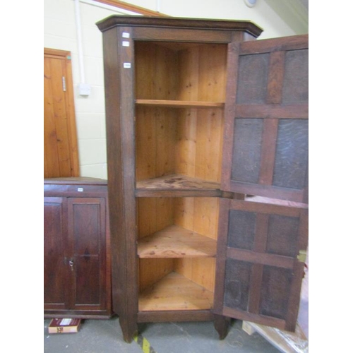 1826 - 19c OAK STANDING CORNER CUPBOARD, FITTED SHELVES ENCLOSED BY TWO 4 PANEL DOORS 94 x 211 cms