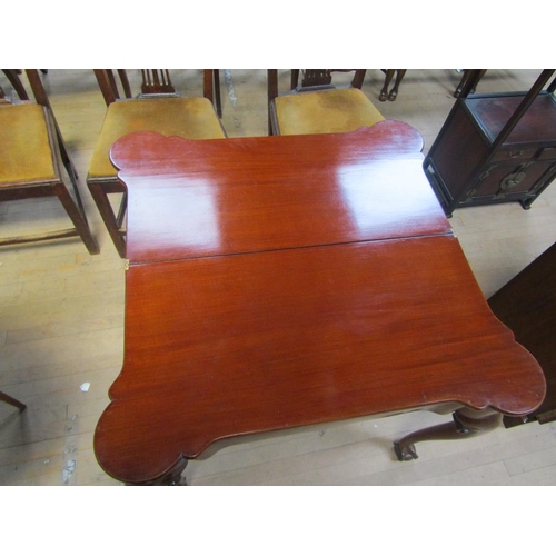 1835 - MID GEORGIAN STYLE MAHOGANY FOLD OVER CARD TABLE ON CARVED CABRIOLE LEGS ON CLAW AND BALL FEET 85 x ... 