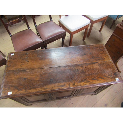 1851 - LATE 17/EARLY 18c OAK THREE PANEL COFFER, 118 x 62 cms