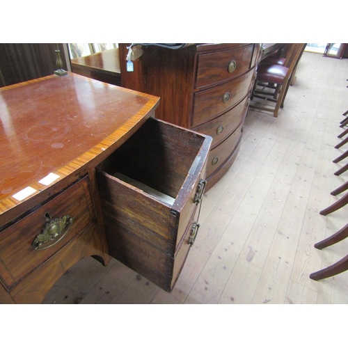 1866 - EARLY 19c MAHOGANY CROSS BANDED BOW FRONTED SIDEBOARD WITH FITTED ONE SHORT DRAWER OVER A KNEEHOLE, ... 