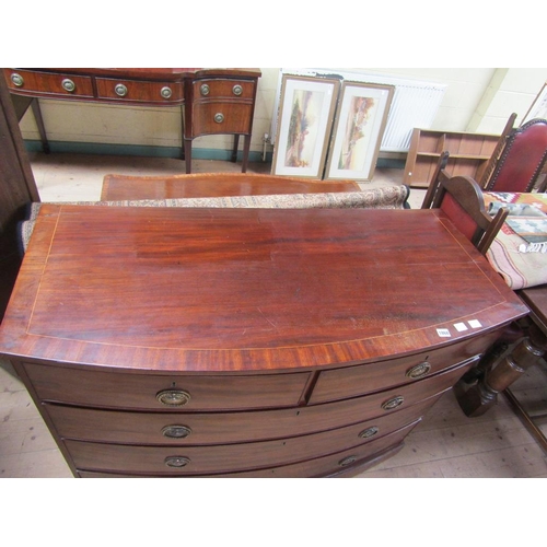 1868 - 19c MAHOGANY CROSS BANDED LINE INLAID BOW FRONT CHEST OF 2 SHORT/3 LONG DRAWERS 130 x 100 cms