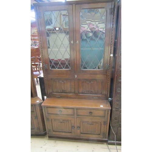 1880 - CONTEMPORARY OAK SIDE CABINET WITH LEAD GLAZED UPPER CUPBOARDS OVER A DRINKS PLATFORM, THE BASE WITH... 