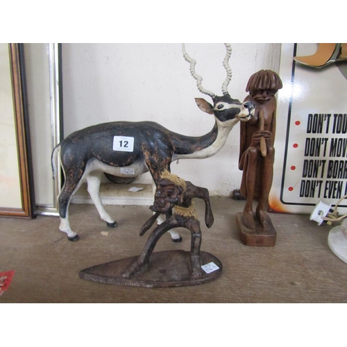 12 - GAZELLE FIGURE AND 2 CARVED AFRICAN FIGURES