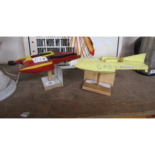 15 - TWO PAINTED WOODEN MODEL RACING BOATS