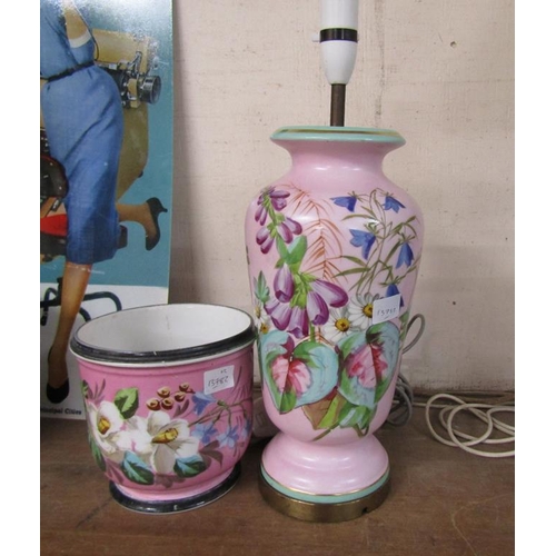 5 - HAND PAINTED PORCELAIN LAMP AND A JARDINERE