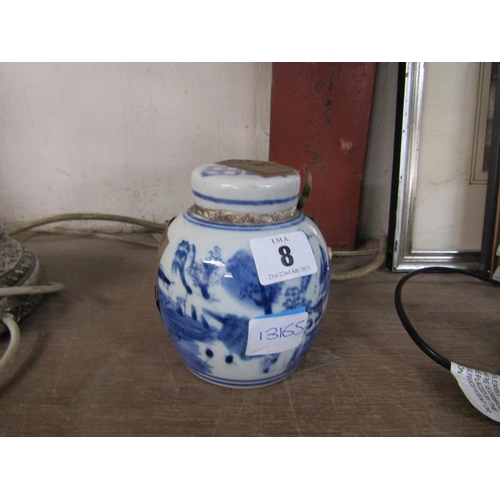 8 - CHINESE BLUE AND WHITE TEA JAR AND COVER